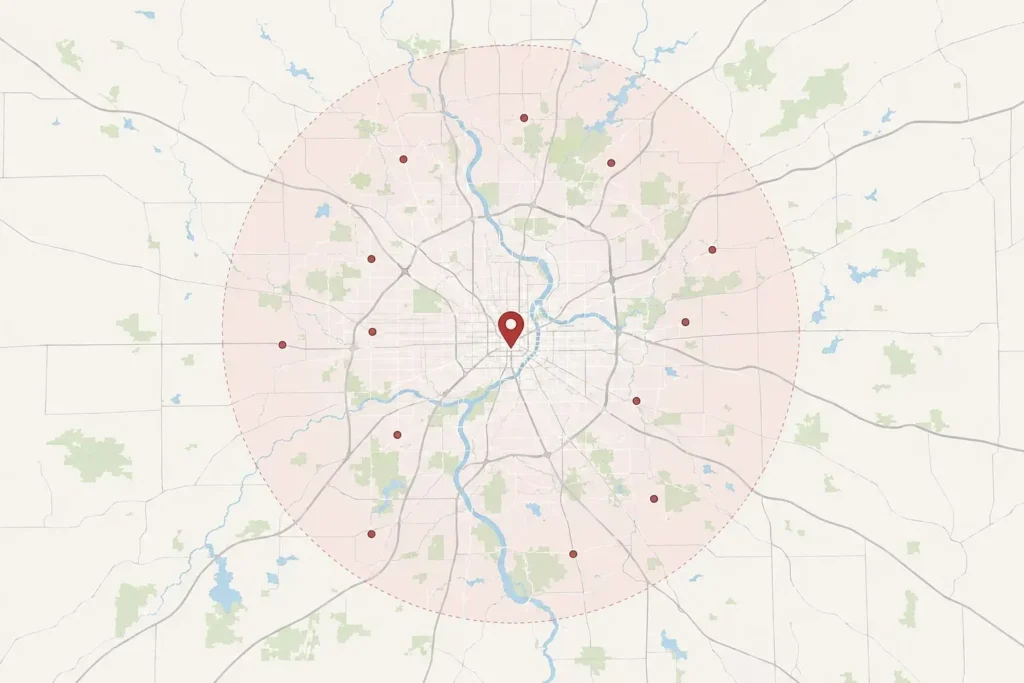 Illustrated service-area map with a central red location pin and a shaded circular coverage zone.
