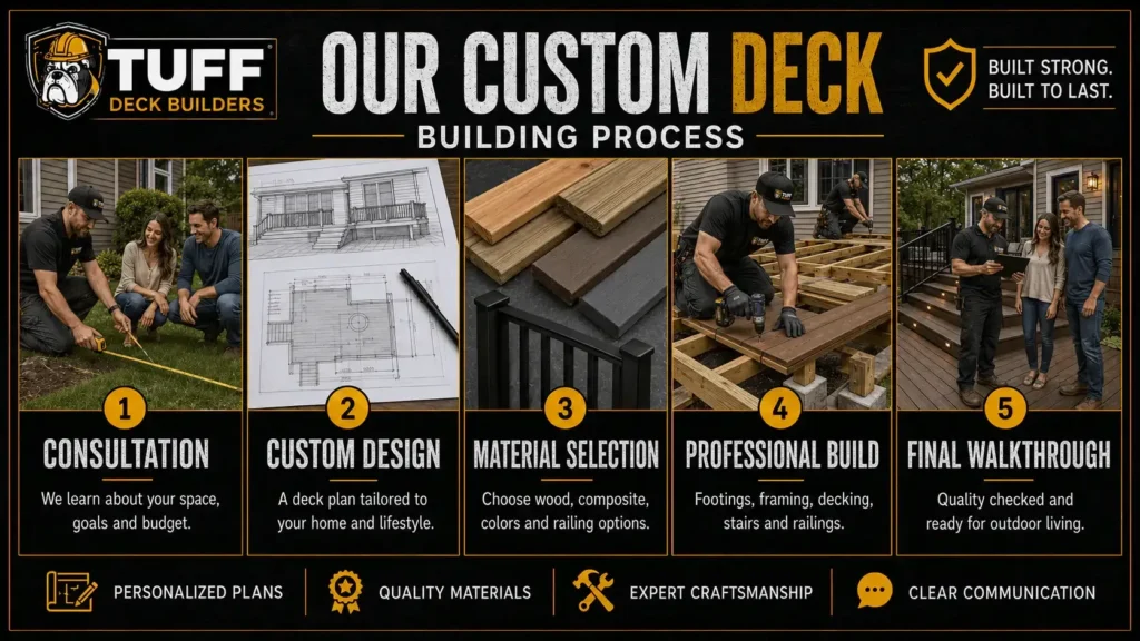 Five-step process from deck contractors in Albuquerque: consultation, custom design, material selection, construction, and final walkthrough.