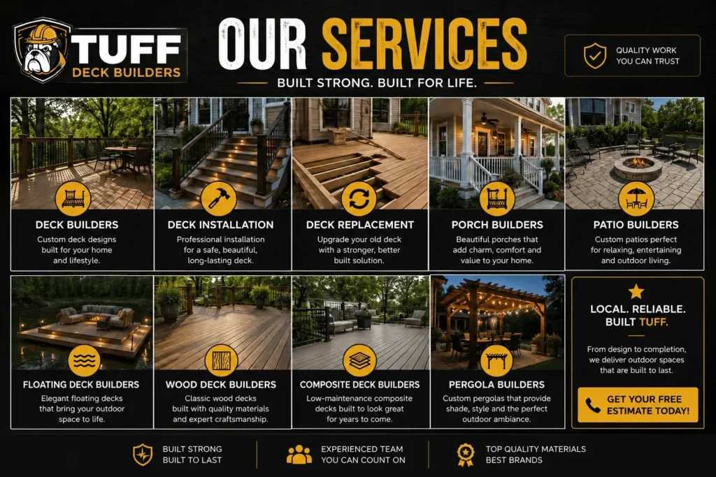 Service overview from deck contractors in Albuquerque, illustrating decks, installation, replacement, porches, patios, and pergolas.