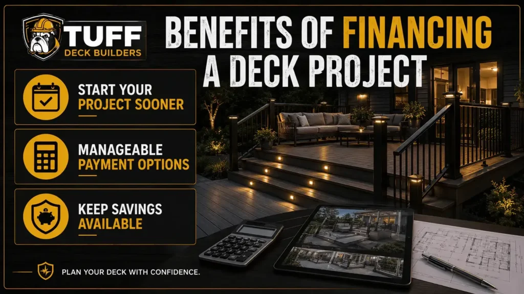 Deck financing graphic highlighting an earlier project start, manageable payments, and available savings beside an illuminated deck.