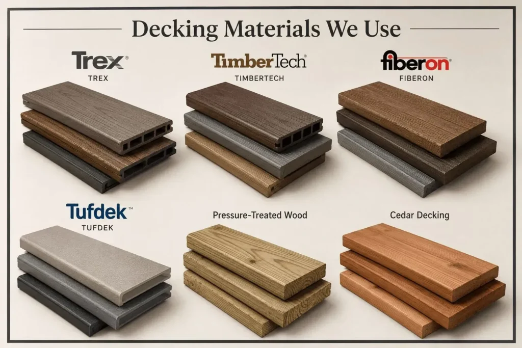 Decking sample graphic labeled Trex, TimberTech, Fiberon, Tufdek, pressure-treated wood, and cedar, with stacked board samples.