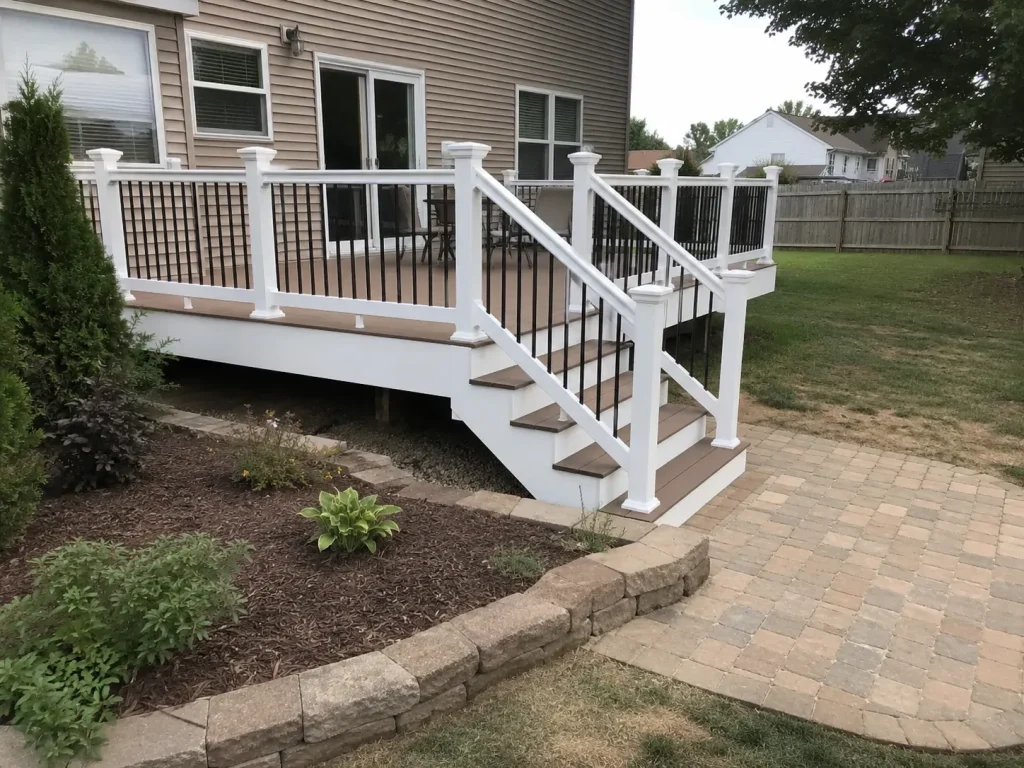 Raised backyard deck with white railing posts, black balusters, and steps leading to a paver walkway.
