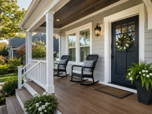 Covered porch with two black rocking chairs, white columns, brown decking, and a wreath on the dark front door.