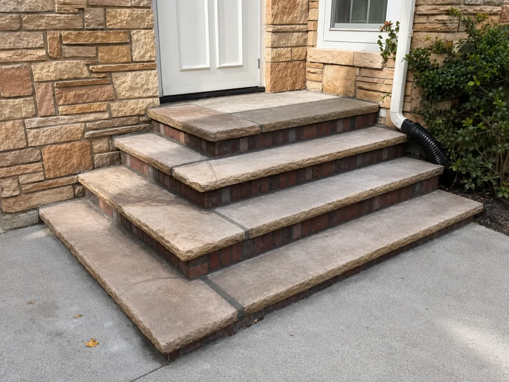 Wide front entrance steps with stone treads and brick risers leading to a white door.
