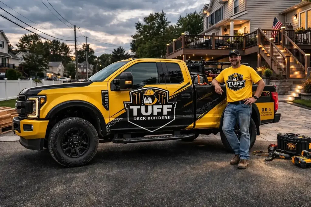 Man in a yellow Tuff Deck Builders shirt beside a branded truck, with an elevated deck behind him.