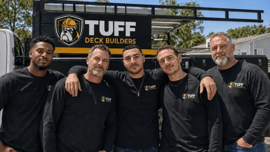 Five men in black Tuff Deck Builders shirts standing together beside a branded work truck.