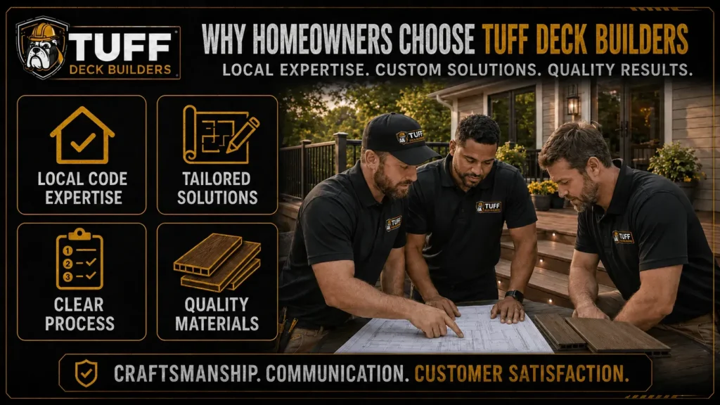 Tuff Deck Builders graphic showing three team members reviewing plans alongside code expertise, tailored solutions, process, and materials.