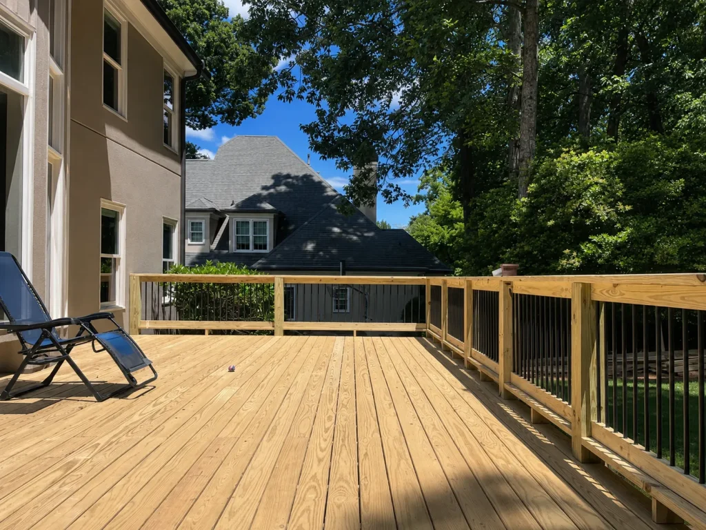 Sunlit wooden deck with matching railing posts, black balusters, and a reclining chair beside the house.